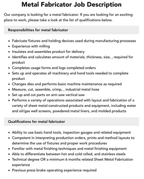 job duties for assembly line sheet metal fabrication|steel fabricator duties and responsibilities.